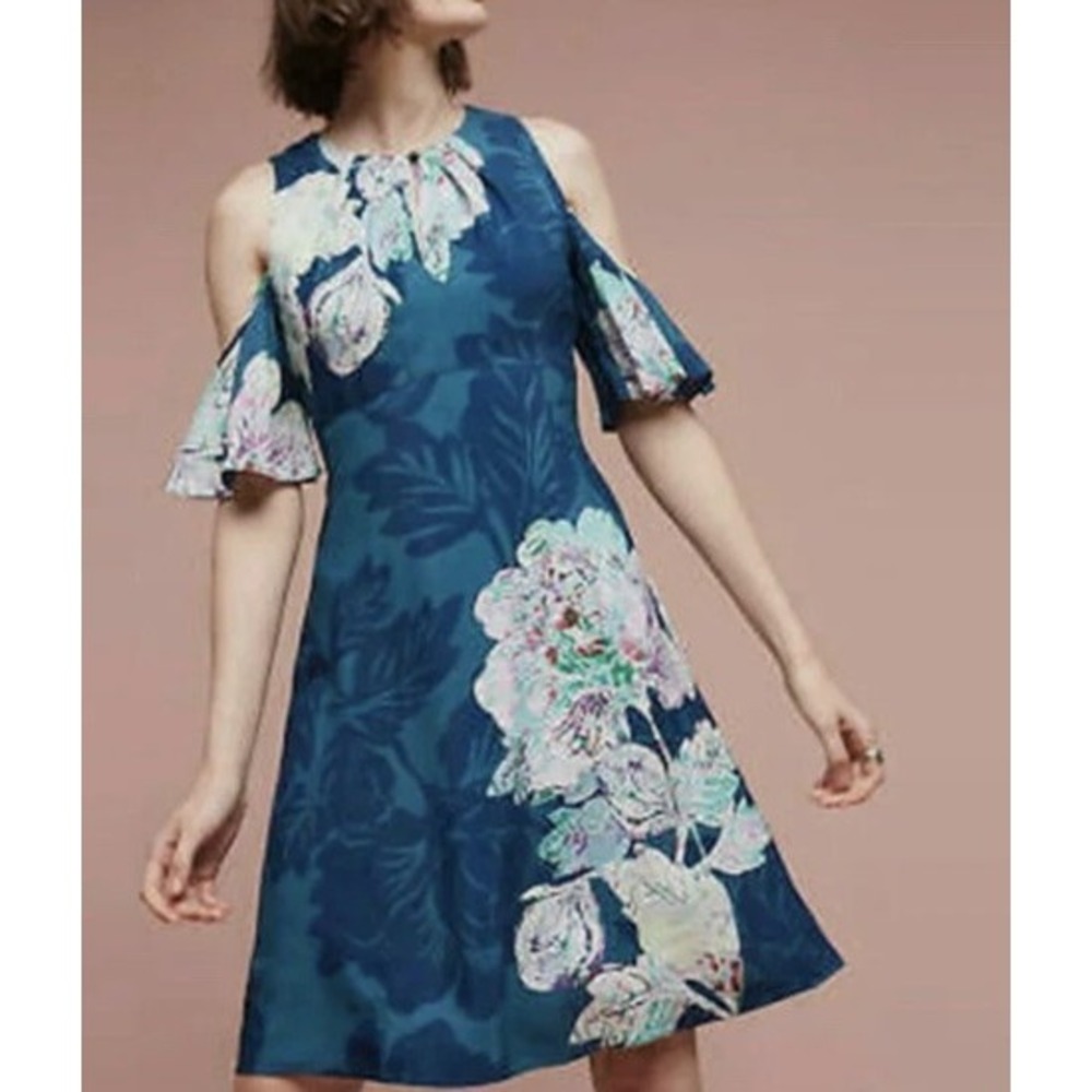 Anthropologie Maeve Elia Open-Shoulder Teal Floral Dress Size 12 Romantic Boho
